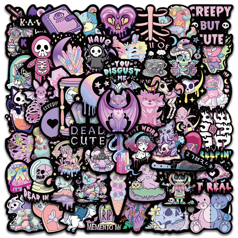 56pcs Creepy Cute Darkness Gothic Cartoon Skulls Stickers For Laptop