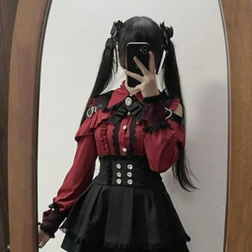 2024 Japanese Black Short Skirt Set Gothic Ruffle Mini Skirts Sexy