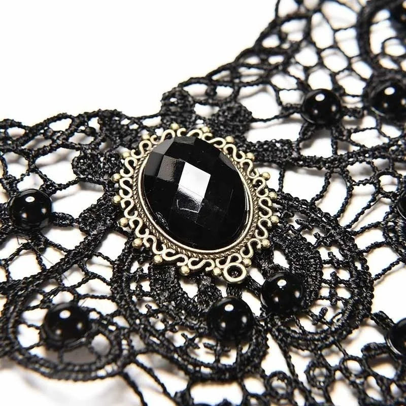 Fashion New Vintage Gemstone Black Lace Beads Choker Gothic Steampunk