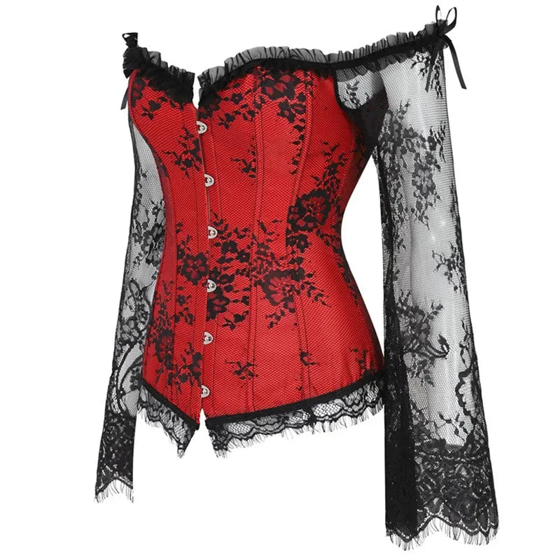 Corset Top Women Sexy Overbust Bustier with Off Shoulder Long Sleeves