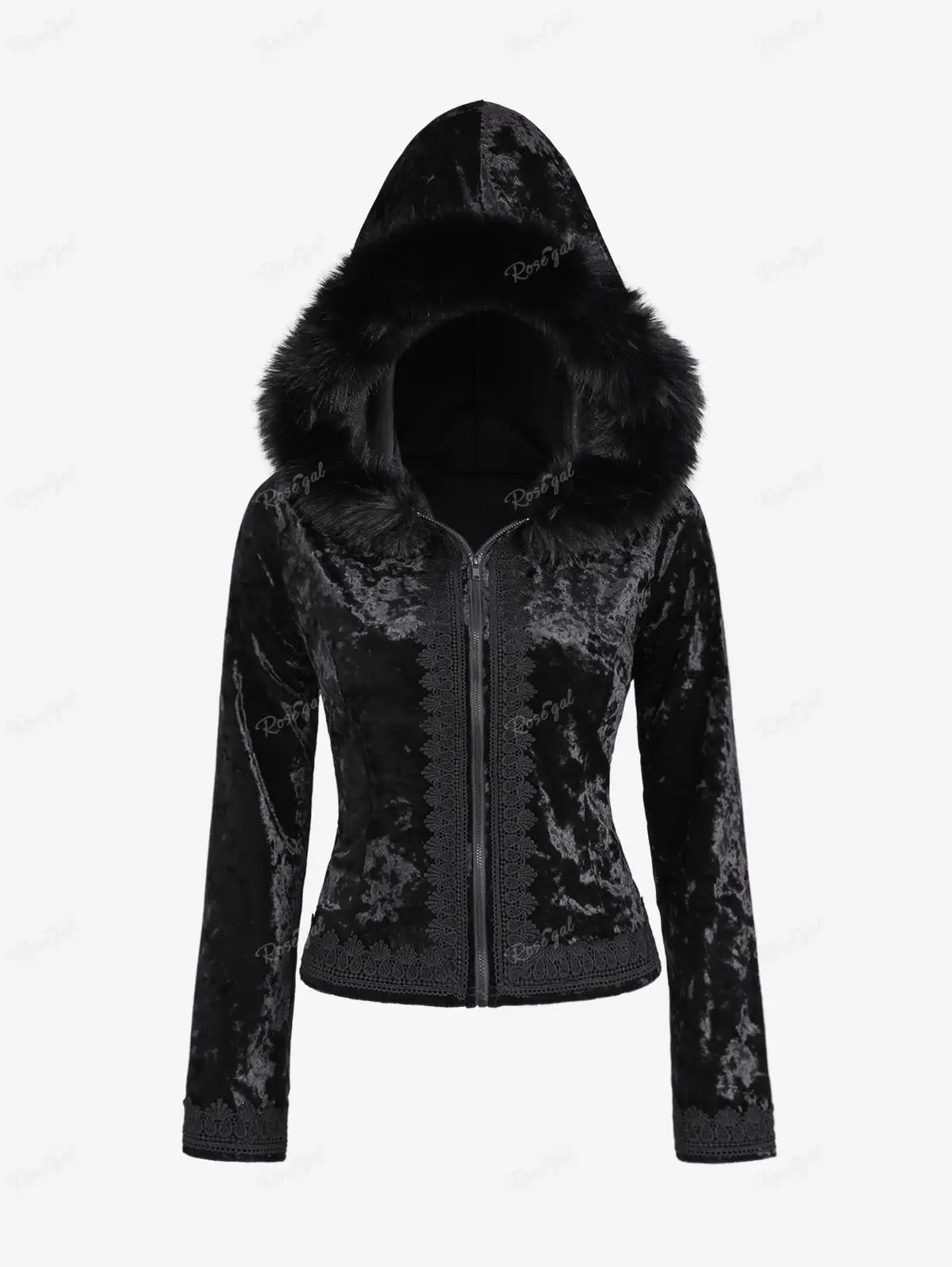 ROSEGAL Plus Size Gothic Fur Coats Black Full Zipper Applique Panel