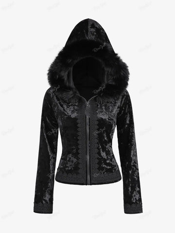 ROSEGAL Plus Size Gothic Fur Coats Black Full Zipper Applique Panel