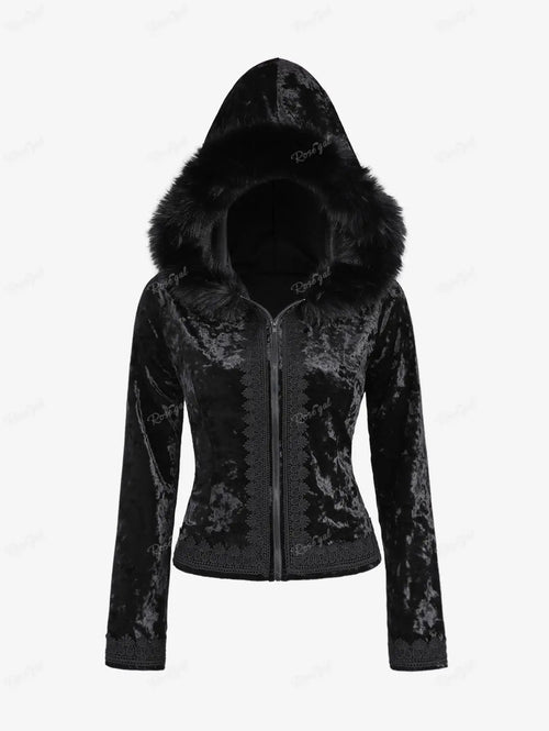 ROSEGAL Plus Size Gothic Fur Coats Black Full Zipper Applique Panel