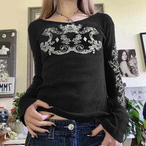 Rhinestone Graphic Print T-shirt Retro Harajuku Fairycore Grunge Slim