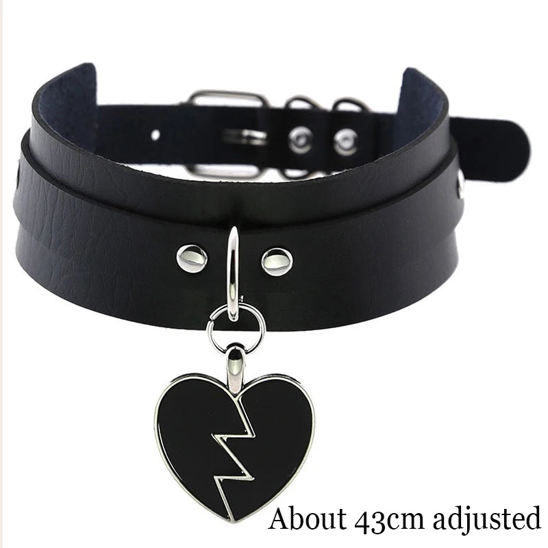 Woman Black Punk Choker Collar Necklace Sexy PU Leather Heart Lock Key