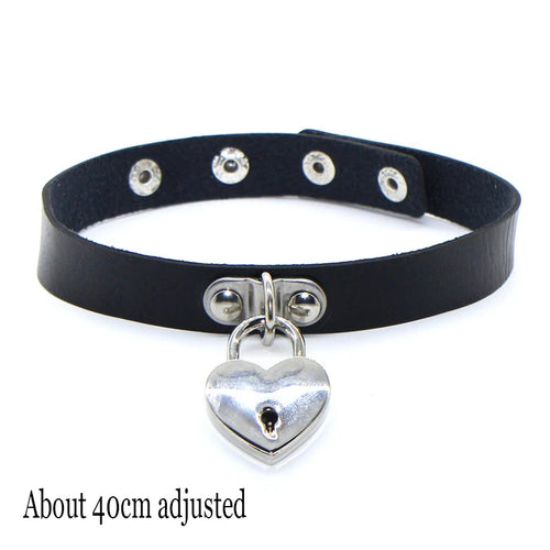 Woman Black Punk Choker Collar Necklace Sexy PU Leather Heart Lock Key
