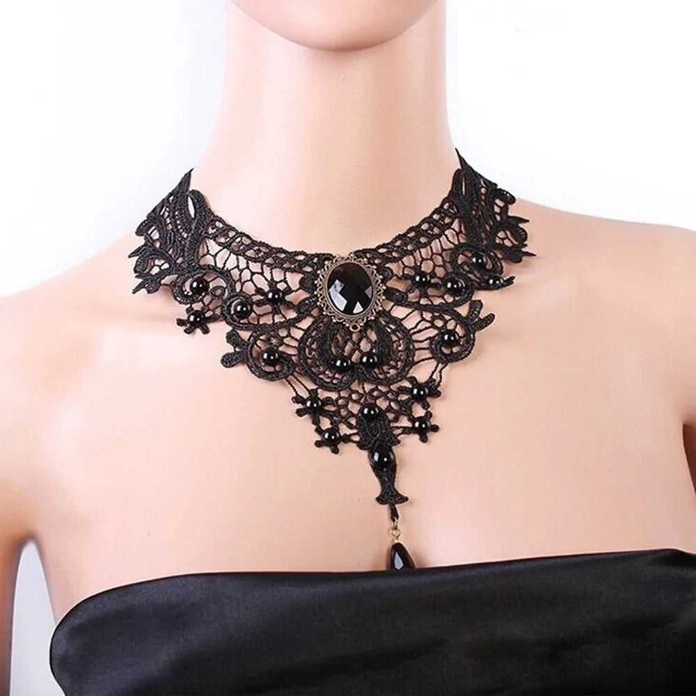 Fashion New Vintage Gemstone Black Lace Beads Choker Gothic Steampunk