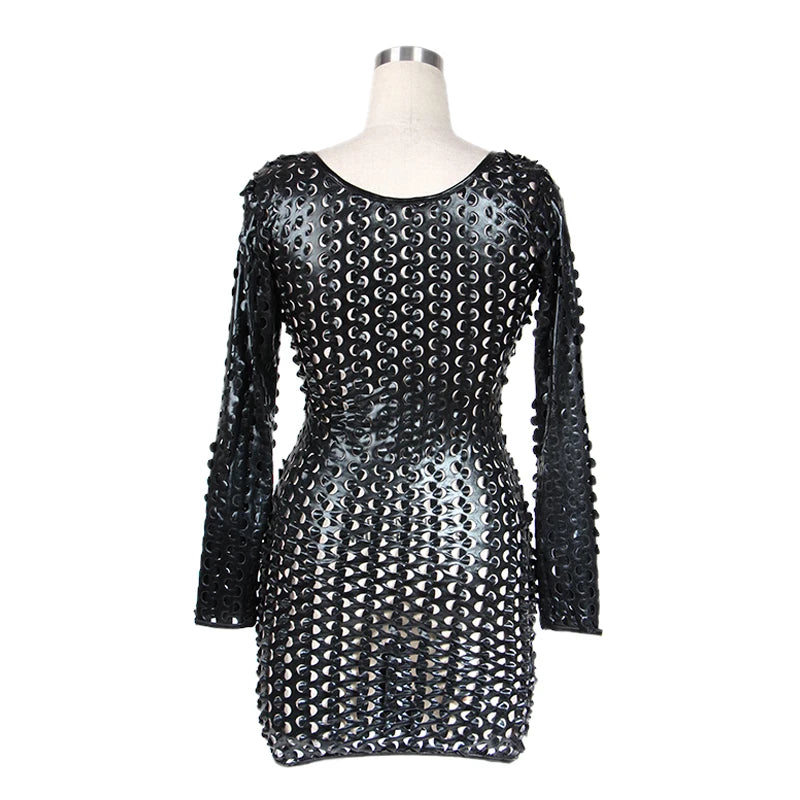 Gothic Vinyl Leather Dress Fashion Women Faux Leather Full Holes Long