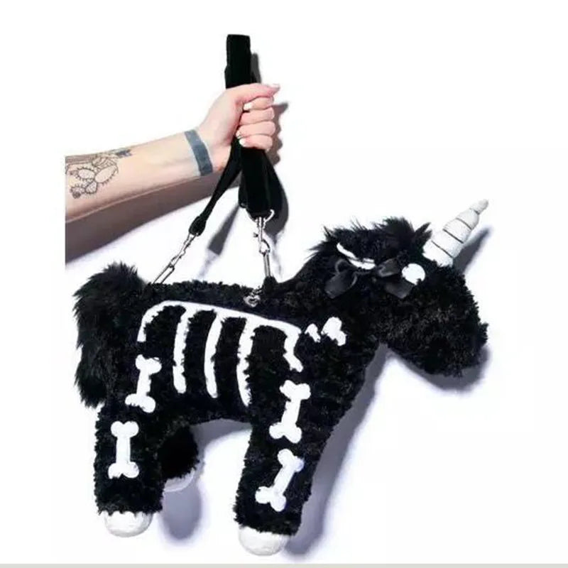 Dark Punk Unicorn Backpack Gothic Rock Pink Plush Flying Horse