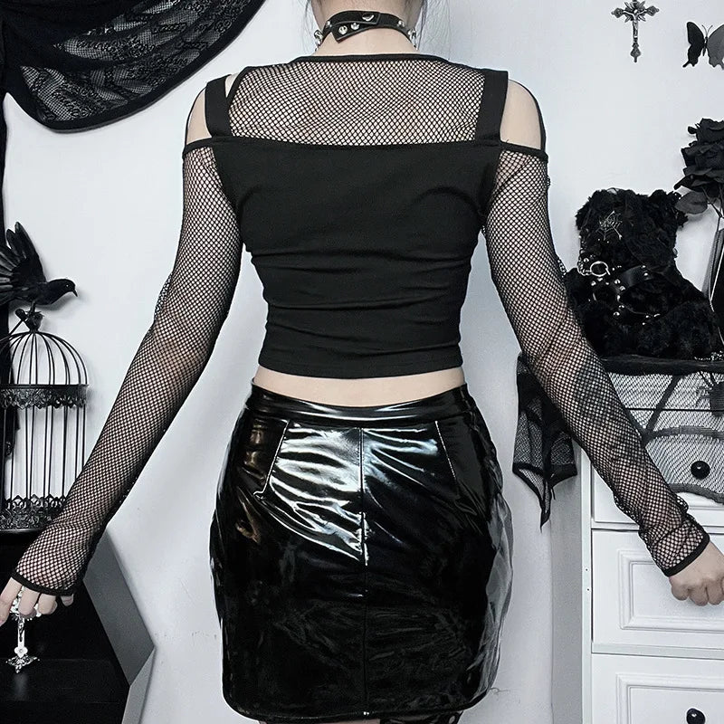 Goth Dark Mall Gothic Fishnet Patchwork T-shirts Grunge Punk Hollow