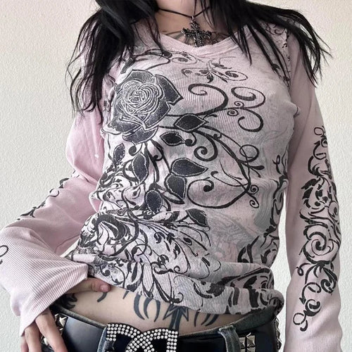 Rhinestone Graphic Print T-shirt Retro Harajuku Fairycore Grunge Slim
