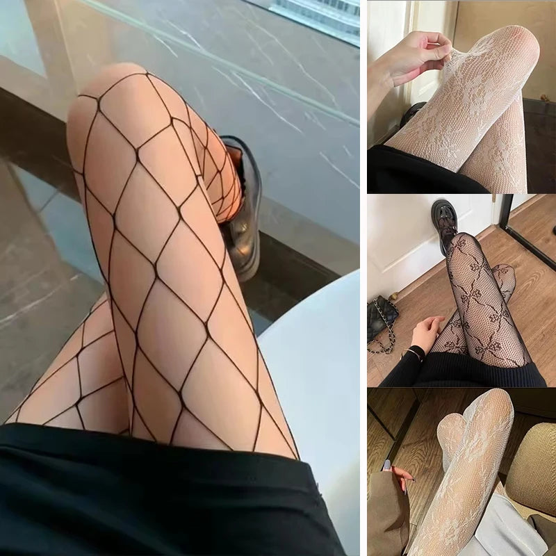 Y2k Fashion Gothic Flower Hollow Out Sexy Pantyhose Women Fishnet