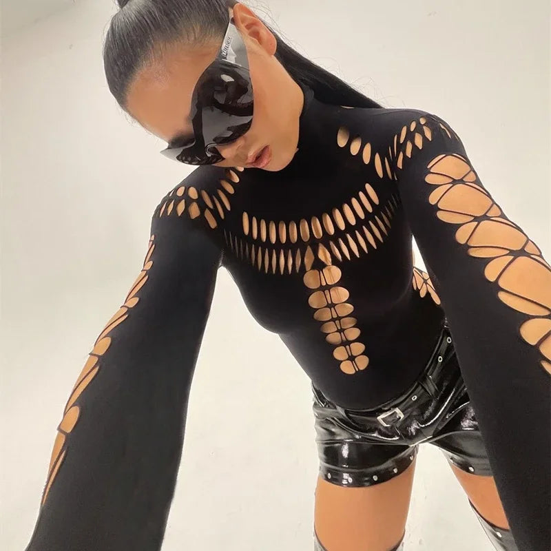 Candyhot Sexy Hollow Out High Collar Bodysuit Bodycon Y2K Long Sleeves