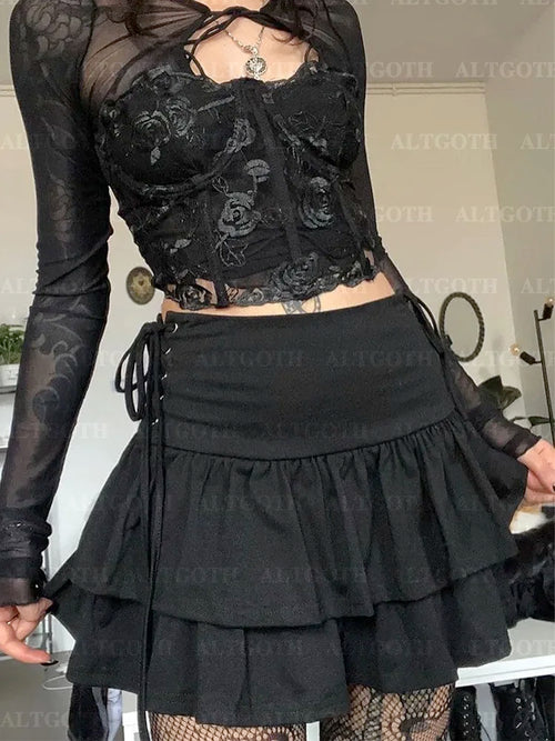 AltGoth Y2k Gothic Cake Skirt Women Dark Punk Streetwear Bandage High