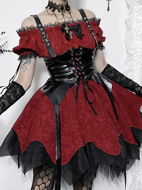 AltGoth Dark Gothic Dress Women High Waist Lace Patchwork Puff Sleeve