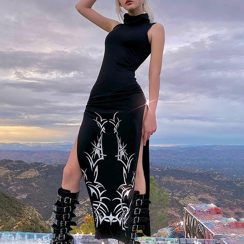 Sexy Women's High Split Dress Gothic Style Sleeveless Long Dress