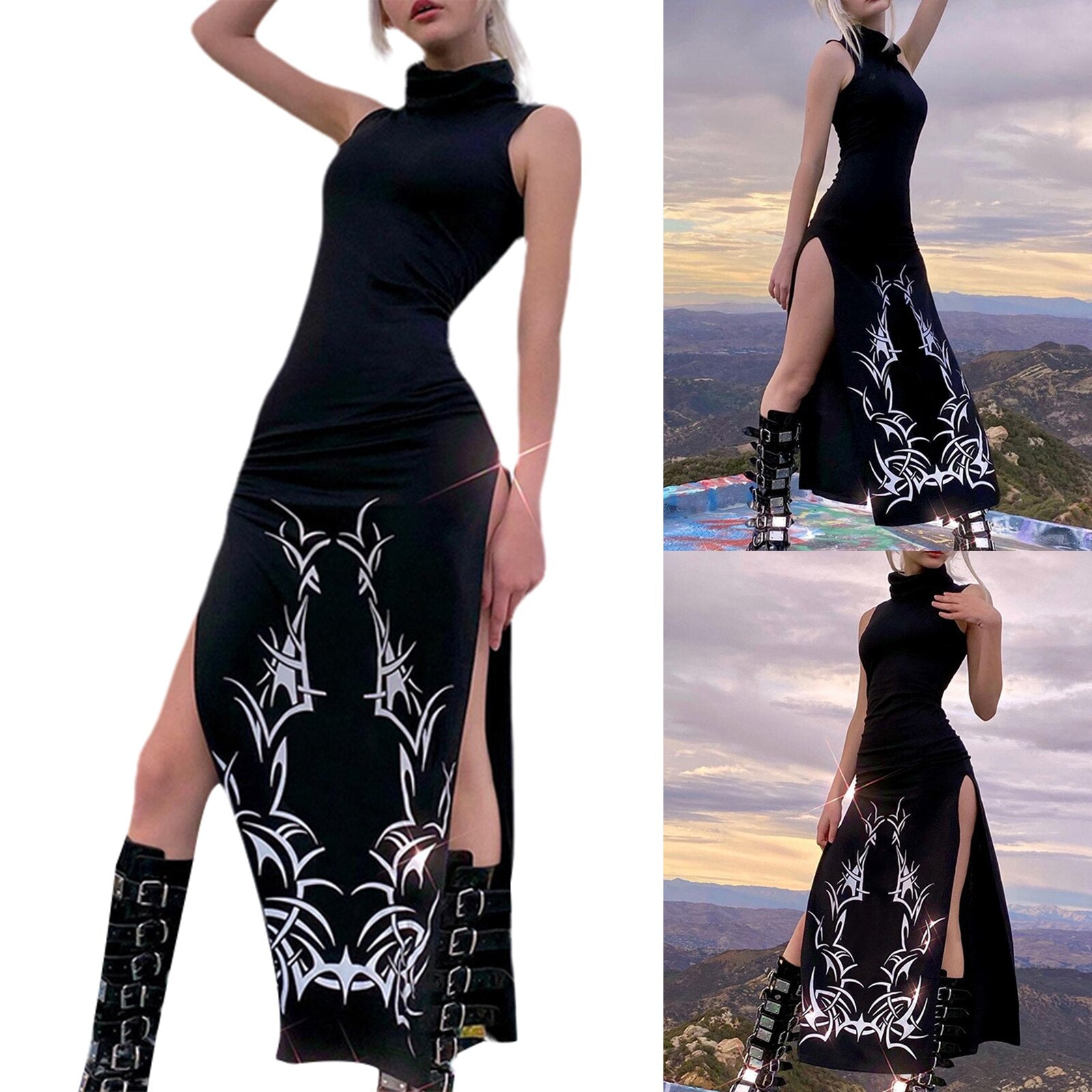 Sexy Women's High Split Dress Gothic Style Sleeveless Long Dress