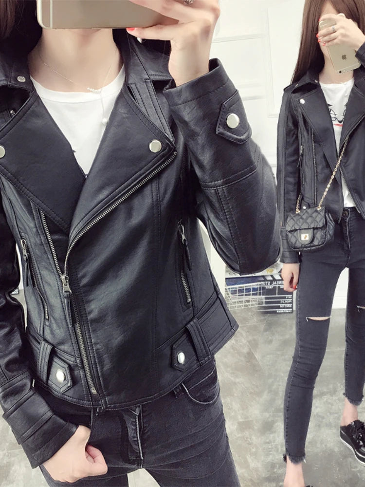 Fall Women Short Black PU Jacket Gothic Punk Style Fashion Motorcycle
