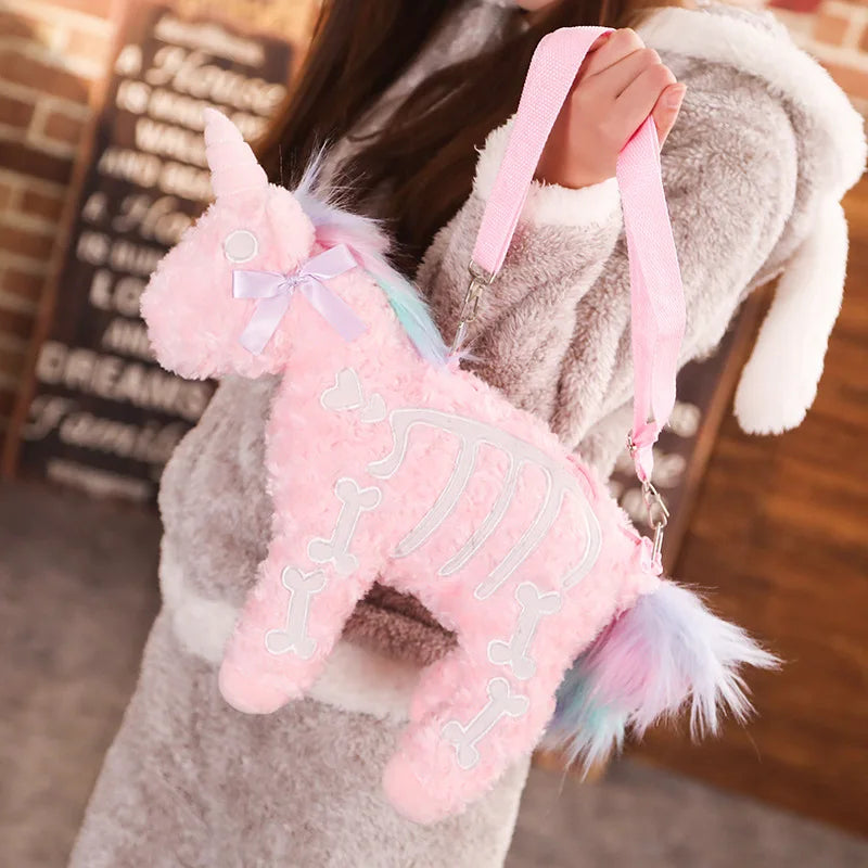 40CM Cute Unicorn Backpack Gothic Rock Plush Flying Horse Skeleton