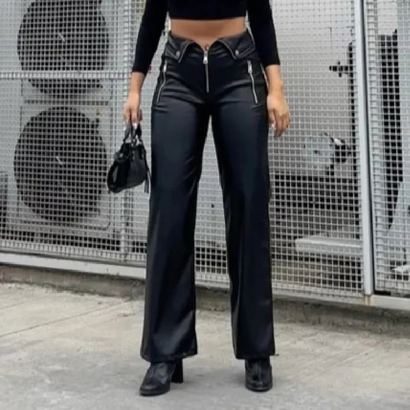 Candyhot PU Leather Zipper Slim Pants Y2K Casual Party Streetwear