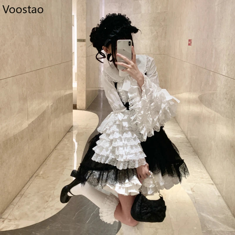 Victorian Vintage Lolita Style Shirts Women Gothic Y2k Bow Lace Ruffle