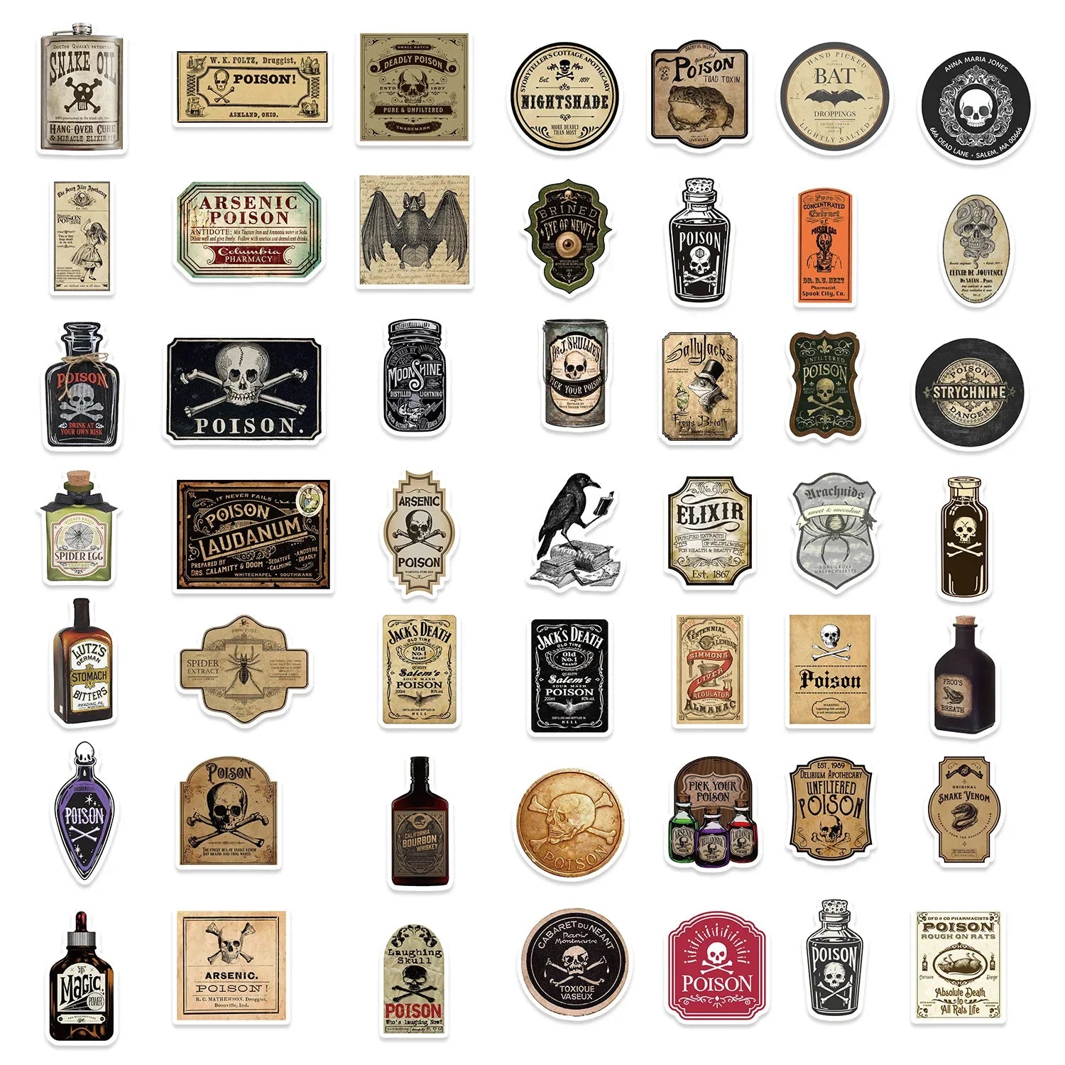 50pcs Horror Retro Arsenic Poison Label Stickers Gothic Potion