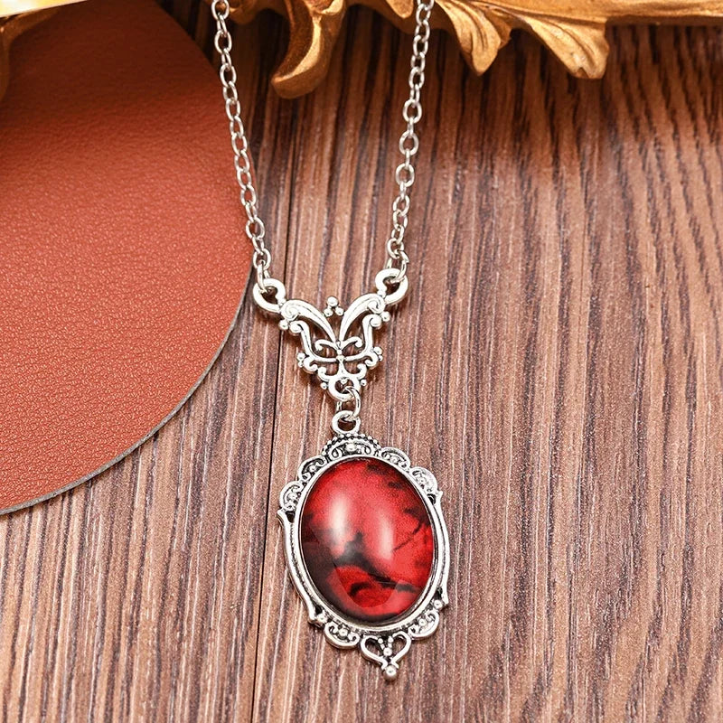 Gothic Blood Red Quartz Charm Necklace Oval Pendant Necklace For Women