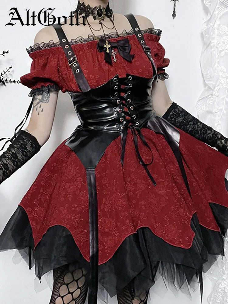 AltGoth Dark Gothic Dress Women High Waist Lace Patchwork Puff Sleeve