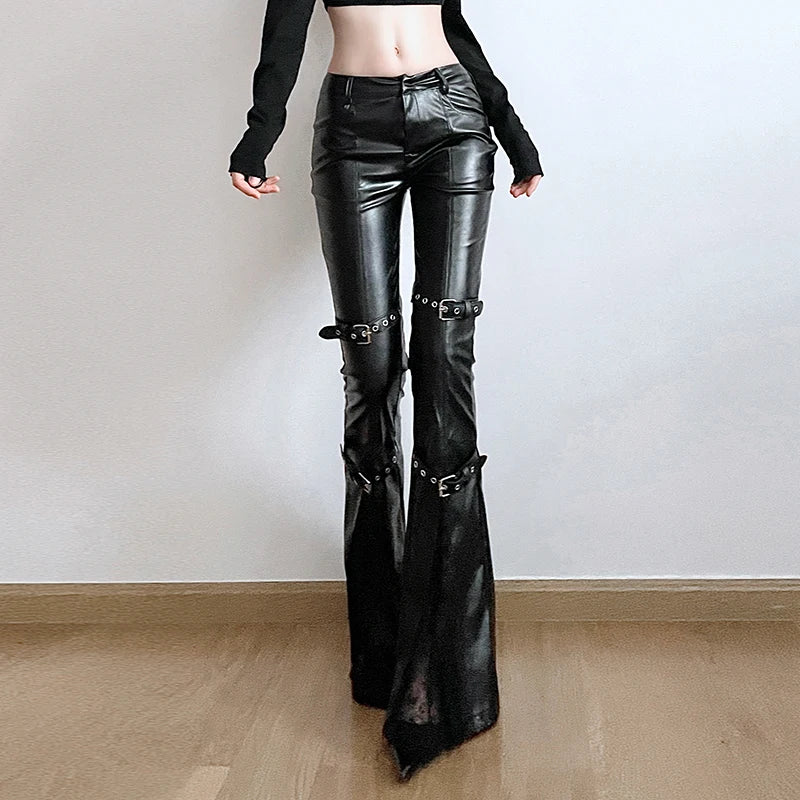 BIIKPIIK Sexy Lace Patchwork Leather Pants Gothic Belts Skinny PU