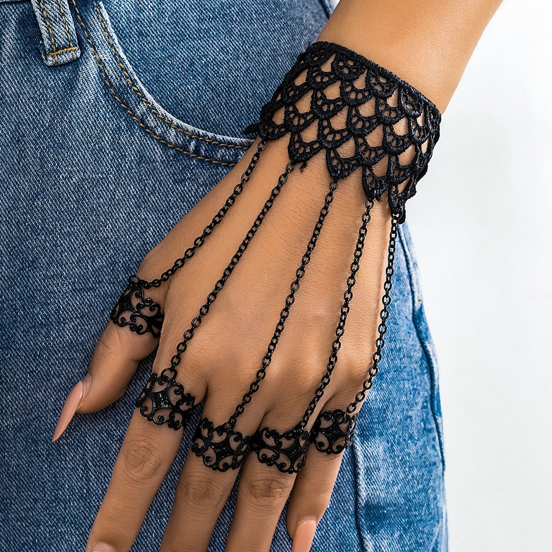 Creative Vintage Black Lace Finger Wrist Chain Rings Bracelets for