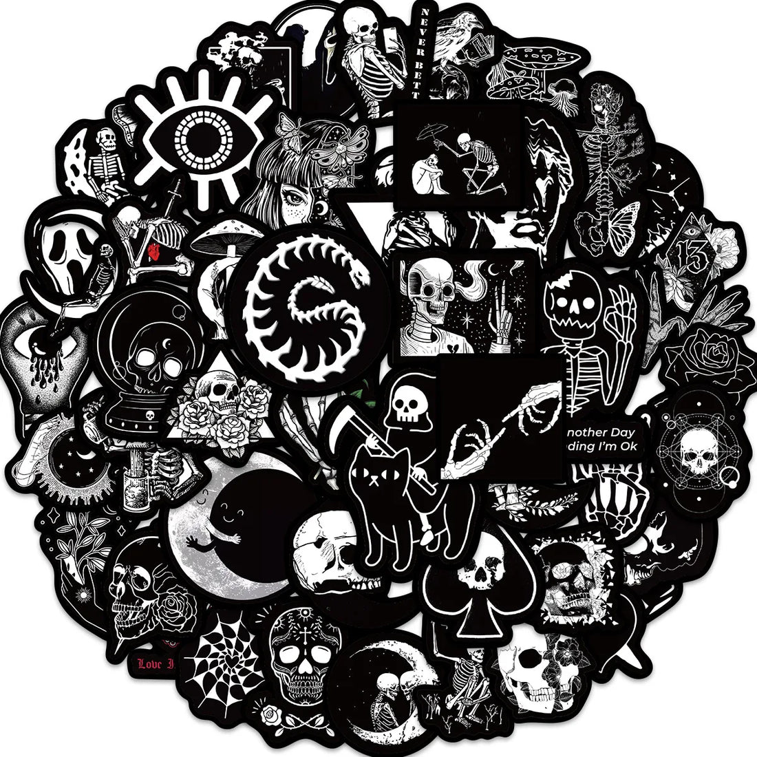 50Pcs Black White Gothic Graffiti Stickers Skull DIY Motorcycle Laptop