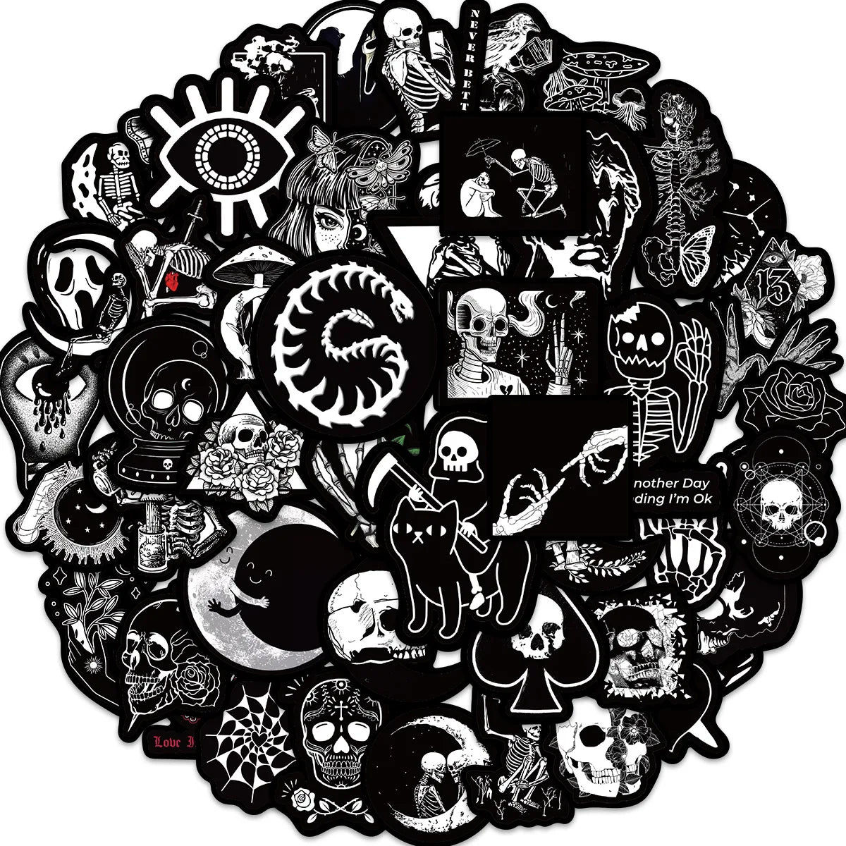 50Pcs Black White Gothic Graffiti Stickers Skull DIY Motorcycle Laptop