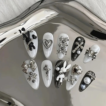 10pcs personalized black and white nail art, rabbit and bow decoration