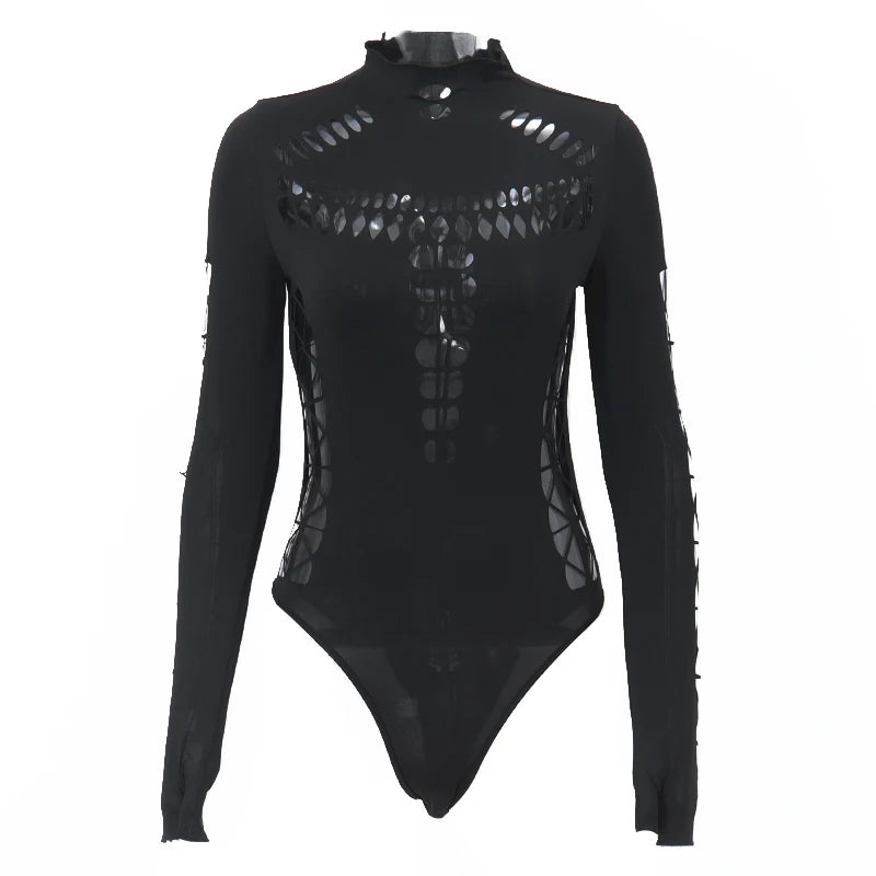 Candyhot Sexy Hollow Out High Collar Bodysuit Bodycon Y2K Long Sleeves