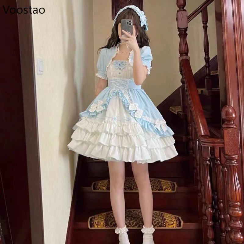 Victorian Vintage Lolita Dress Women Gothic Y2k Puff Short Sleeve