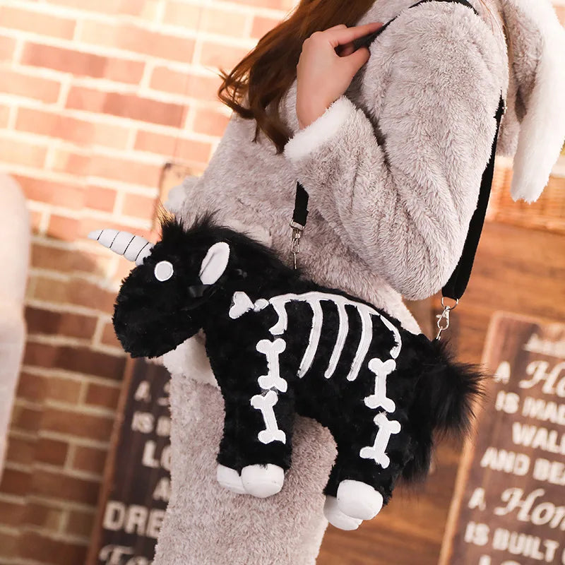 40CM Cute Unicorn Backpack Gothic Rock Plush Flying Horse Skeleton