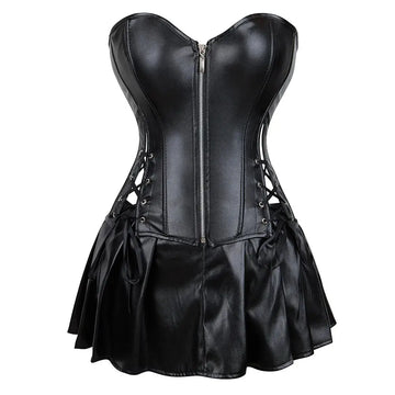 Sexy Faux Leather Corsets Skirt Set Overbust Burlesque Zipper Gothic