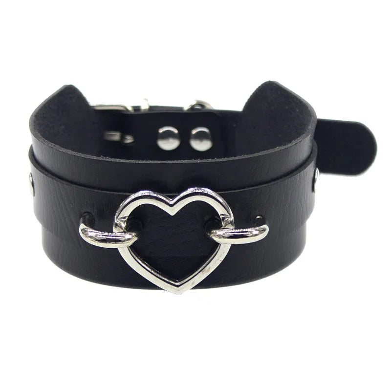 Woman Black Punk Choker Collar Necklace Sexy PU Leather Heart Lock Key