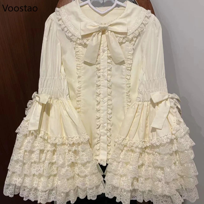 Victorian Vintage Lolita Style Shirts Women Gothic Y2k Bow Lace Ruffle