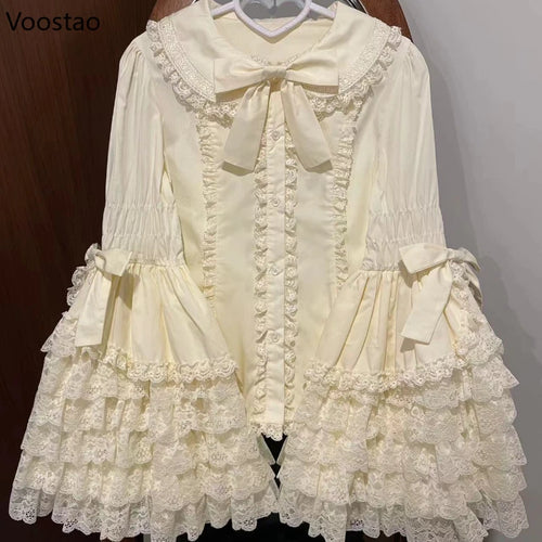 Victorian Vintage Lolita Style Shirts Women Gothic Y2k Bow Lace Ruffle