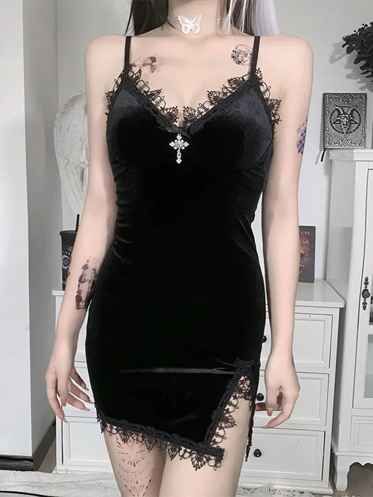 Dark Cross Black Mini Dress Vintage Sexy Spaghetti Strap High Waist