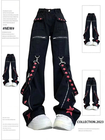 Women Black Gothic Baggy Cargo Jeans Harajuku Vintage Y2k Denim