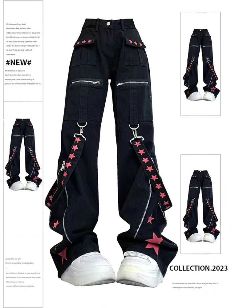 Women Black Gothic Baggy Cargo Jeans Harajuku Vintage Y2k Denim