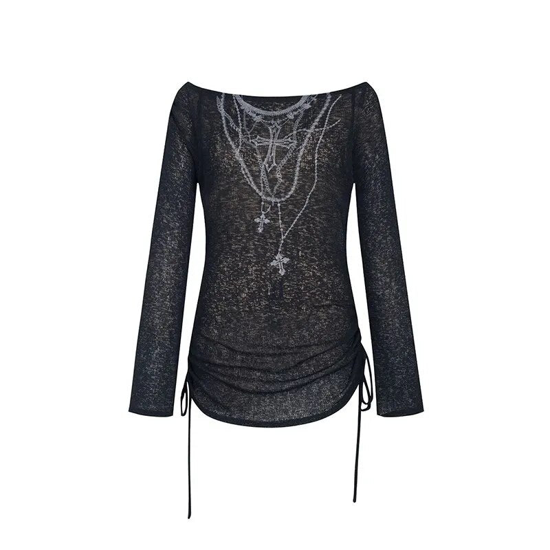 Karrcat Grunge Aesthetics Knitted Tops Vintage Tattoo Print T-shirt