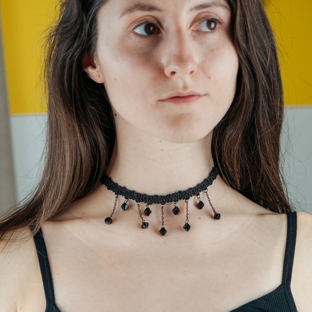 Black Beaded Lace Victorian Gothic Emo Halloween Dangle Choker