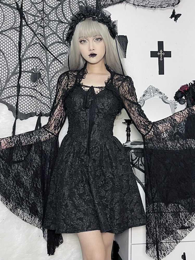 Vintage Gothic Black Lace T-shirt Women Streetwear Flare Sleeve See