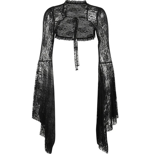 Vintage Gothic Black Lace T-shirt Women Streetwear Flare Sleeve See