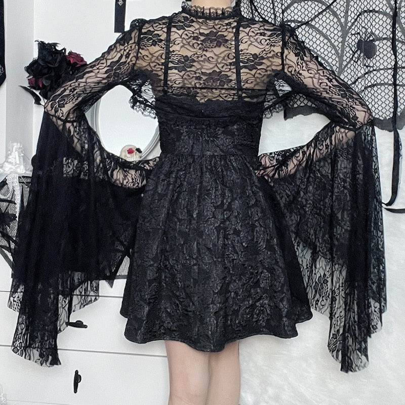 Vintage Gothic Black Lace T-shirt Women Streetwear Flare Sleeve See