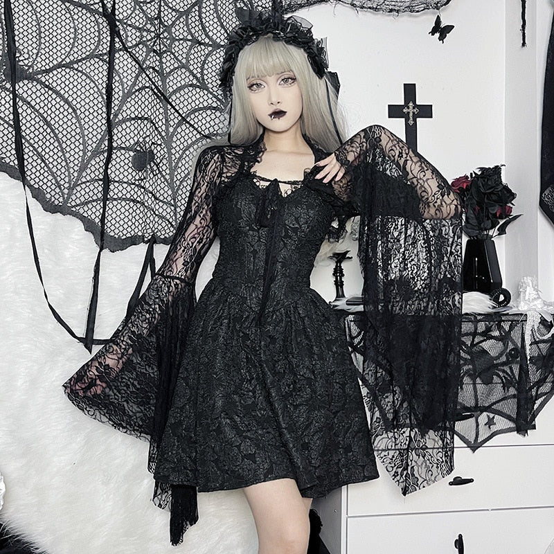 Vintage Gothic Black Lace T-shirt Women Streetwear Flare Sleeve See