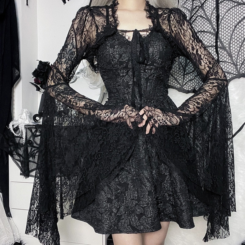 Vintage Gothic Black Lace T-shirt Women Streetwear Flare Sleeve See